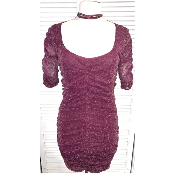 Burgundy Shimmer Ruched Dress - Picture 1 of 6